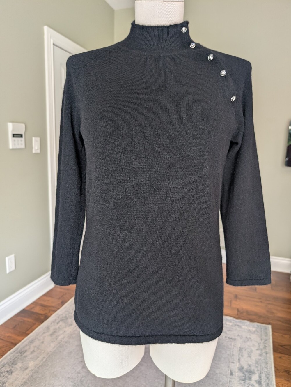 Talbots Pure Cashmere Black Mock Neck Rhinestone Button Sweater Size M